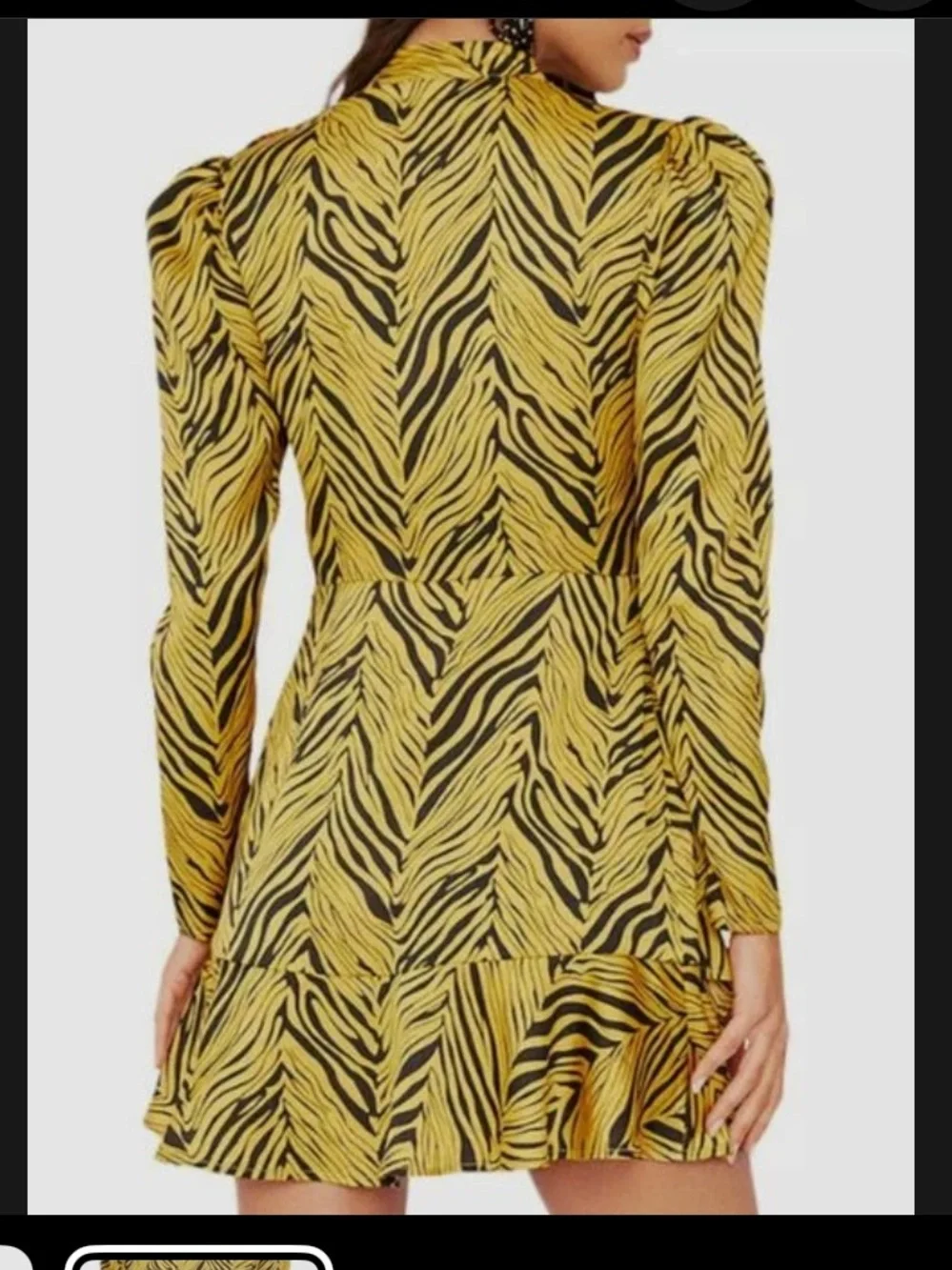 $349 Rahi Women's Yellow Black Puff-Sleeve Mock-Neck Ruffled Tiger Mini Dress M - Picture 10 of 10